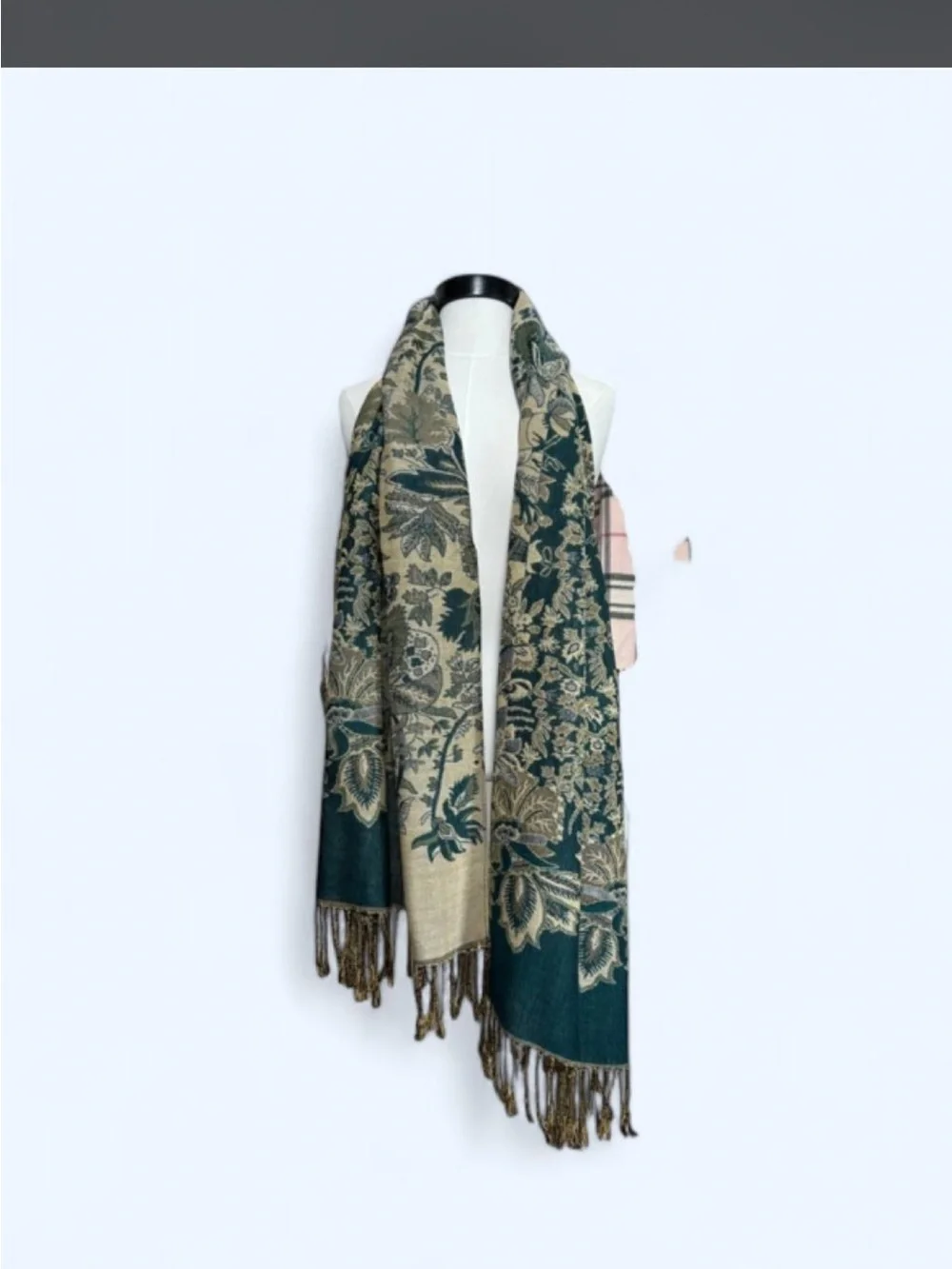 Woven Floral Fringe Wrap Coat - Teal & Cream